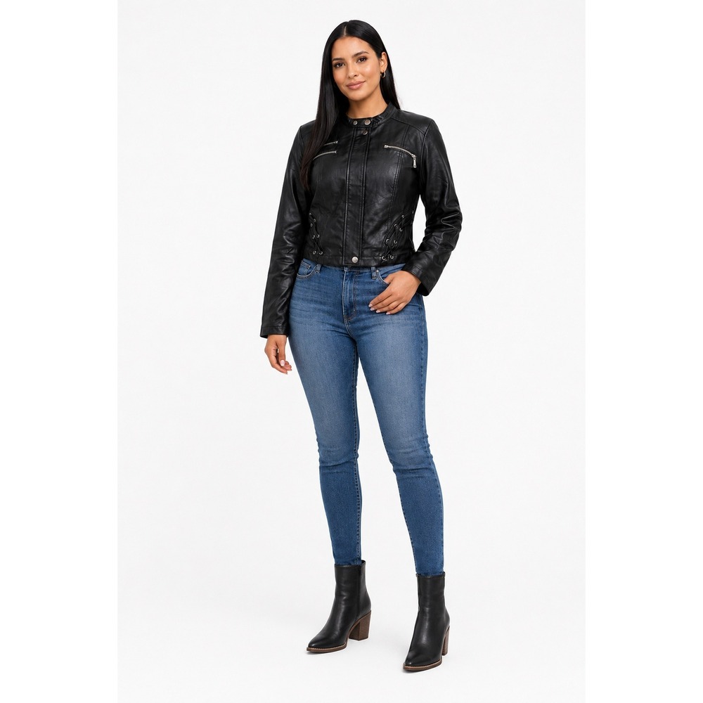Venus Black Faux Leather Moto Jacket‎ Large Lace Up Biker Edgy Collarless Coat